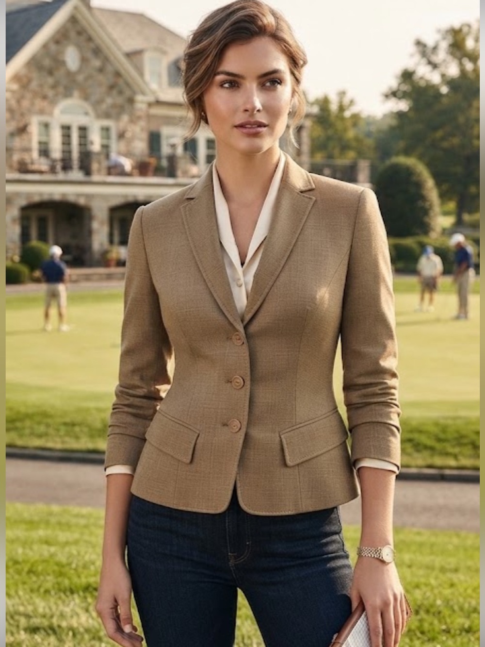 NWT Badgley Mischka Tan Wool Tailored Blazer Jacket Size 6